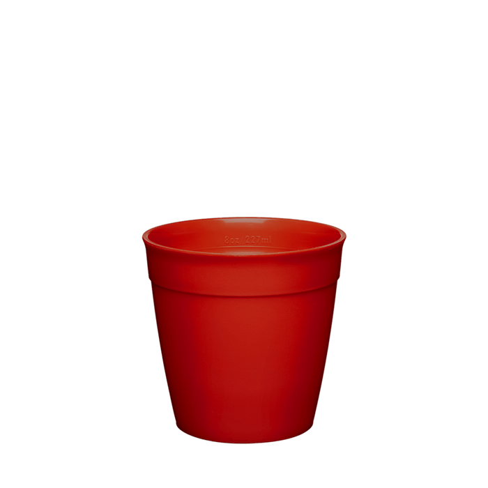 Ruby Red Original Plastic Cup Base S 8oz shown from a front angle against a white background, displaying the tapered reusable cup design with measurement marking visible inside the rim.