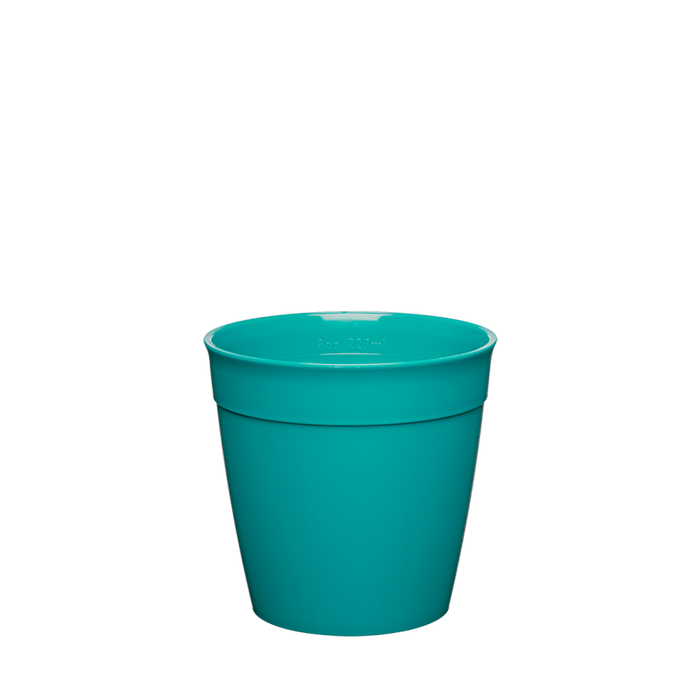 Original Plastic Cup Base in Teal Green, S 8oz size, shown from a front angle against a white background, displaying the tapered reusable cup base with rim detail and measurement markings visible inside.