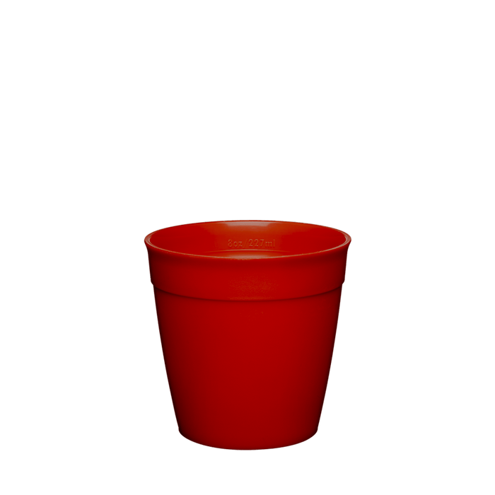 KeepCup Original Plastic Cup Base in Tomato Red, S 8oz size, shown from a front angle against a white background, displaying the tapered shape and measurement marking inside the rim.