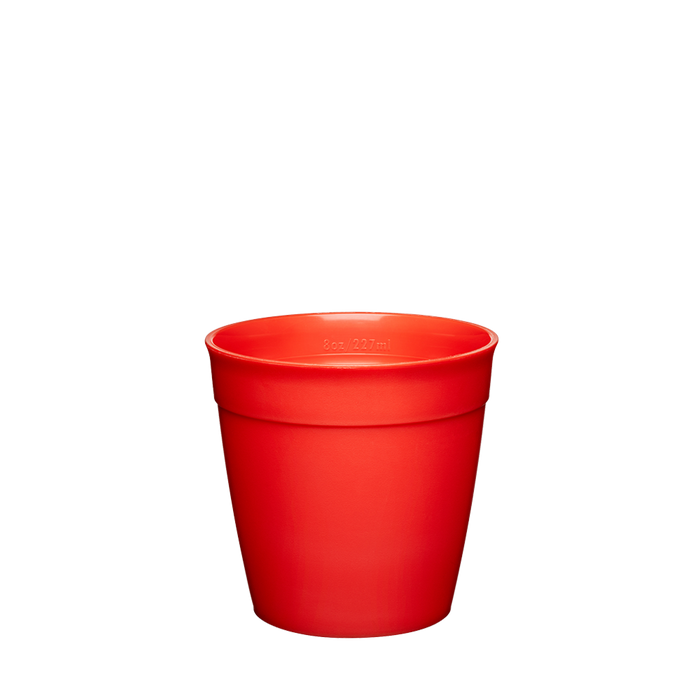 Original Plastic Cup Base in Vibrant Red, S 8oz size, shown against a white background. The tapered reusable cup base features a rolled rim and embossed 8oz/227ml measurement marking.