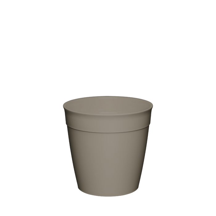 Original Plastic Cup Base in Warm Grey, S 8oz size, shown at a slight angle against a white background, displaying the tapered shape and rim band detail of the reusable cup component.