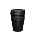 KeepCup Original M 12oz in Black, shown in a front-facing product shot against a white background, featuring the signature black silicone band with embossed KeepCup logo and matching black lid with sipper closure.