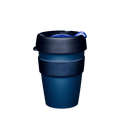 KeepCup Original M 12oz in Deep Ink, featuring a dark blue reusable cup with matching blue silicone band, black lid with blue plug, shown against a white background.
