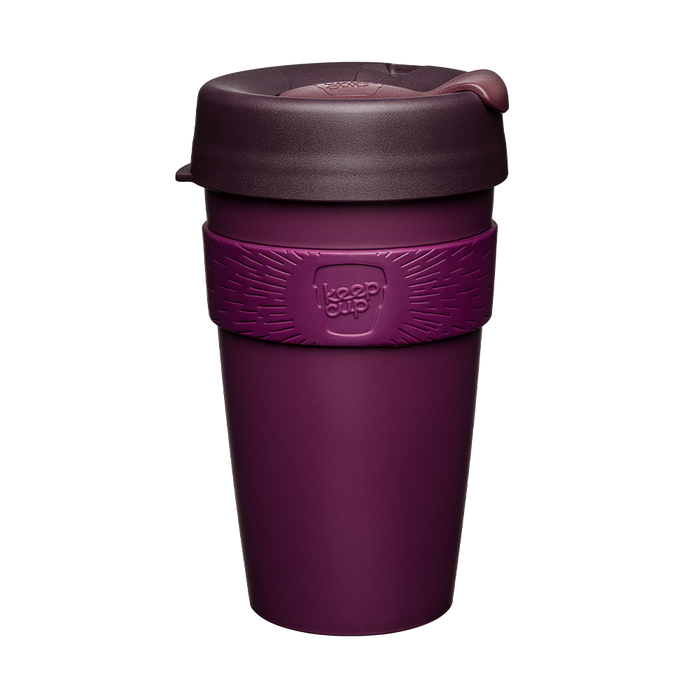 KeepCup Original L 16oz in Alder, featuring a deep plum-coloured reusable cup with matching silicone band and darker lid, shown against a plain white background.