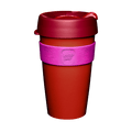 KeepCup Original L 16oz in Daybreak, featuring a burnt orange cup body, dark red lid with sipper closure, and pink silicone band, shown against a white background.