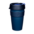 KeepCup Original L 16oz reusable coffee cup in Deep Ink, featuring a dark navy blue cup body, matching blue silicone band with embossed KeepCup logo, and charcoal lid with blue plug, shown against a white background.