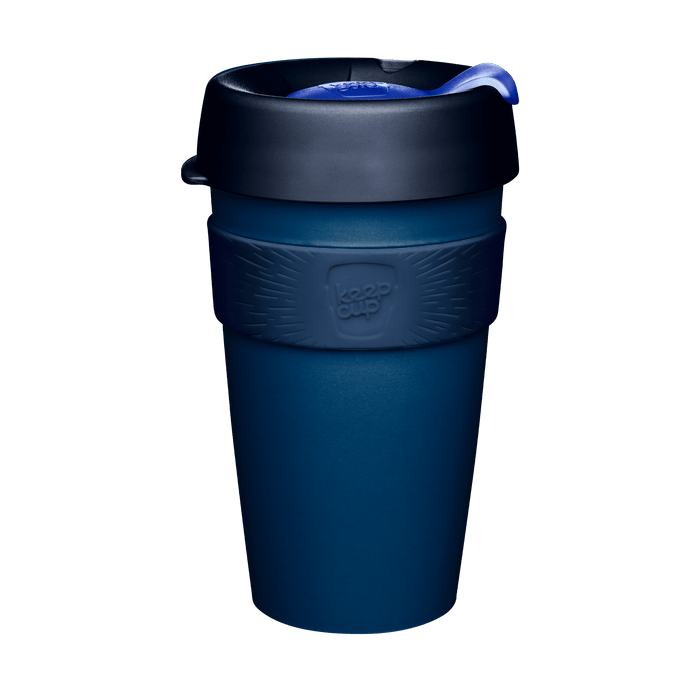 KeepCup Original L 16oz reusable coffee cup in Deep Ink, featuring a dark navy blue cup body, matching blue silicone band with embossed KeepCup logo, and charcoal lid with blue plug, shown against a white background.