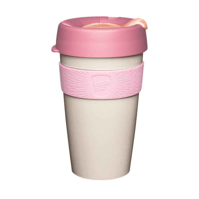 KeepCup Original L 16oz in Peaches, featuring a cream-coloured cup body with soft pink silicone band, dusty rose lid, and peach-toned plug, shown against a plain white background.