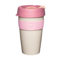 KeepCup Original L 16oz in Peaches, featuring a cream-coloured cup body with soft pink silicone band, dusty rose lid, and peach-toned plug, shown against a plain white background.
