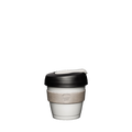 KeepCup Original XXS 4oz in Arctic colour, featuring a white cup body with beige silicone band and black lid with cream-coloured plug, shown against a plain white background.
