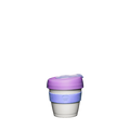 KeepCup Original XXS 4oz in Lilac, featuring a white cup body, lavender silicone band with embossed logo, and purple lid with clear sip-through plug, shown against a plain white background.