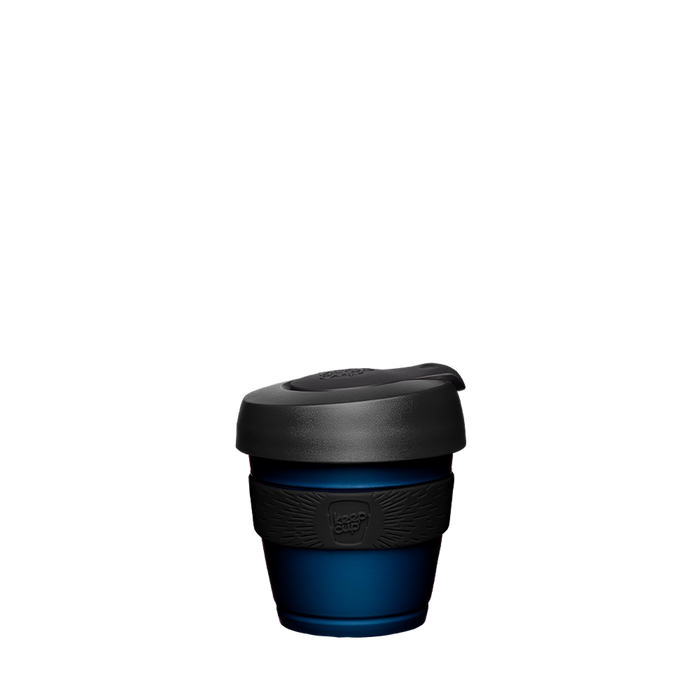 KeepCup Original XXS 4oz in Navy Black, featuring a deep blue cup body with black silicone band and black lid, shown from a front angle against a white background.