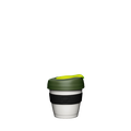 KeepCup Original XXS 4oz in Pine, featuring a white reusable cup with dark green lid, bright yellow sip hole plug, and black silicone band with embossed KeepCup logo, shown against a plain white background.