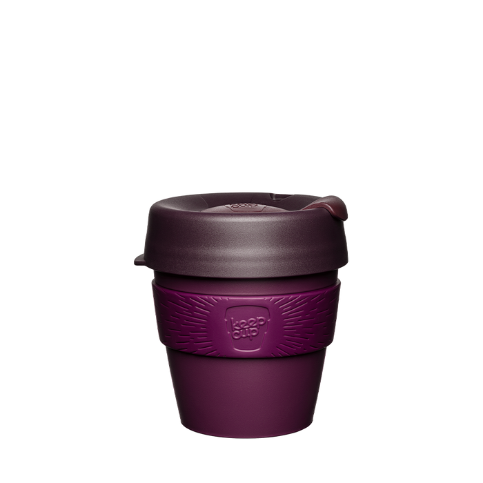 KeepCup Original S 8oz in Alder, featuring a deep plum-coloured cup with a matching purple silicone band and dark aubergine lid, shown against a plain white background.