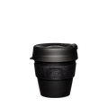 KeepCup Original S 8oz in Black, featuring an all-black reusable coffee cup with plastic body, silicone band embossed with the KeepCup logo, and press-fit lid with sipper opening, shown against a white background.