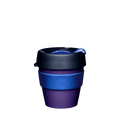 KeepCup Original S 8oz in Deep Ink, featuring a deep purple cup body, teal silicone band with embossed KeepCup logo, black lid with blue sipper plug, shown against a white background.