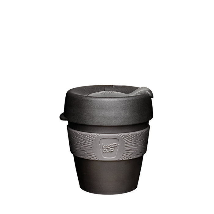 KeepCup Original S 8oz in Doppio, featuring a dark charcoal cup with matching lid and grey silicone band displaying the KeepCup logo, shown against a plain white background.