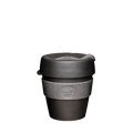 KeepCup Original S 8oz in Doppio, featuring a dark charcoal cup with matching lid and grey silicone band displaying the KeepCup logo, shown against a plain white background.