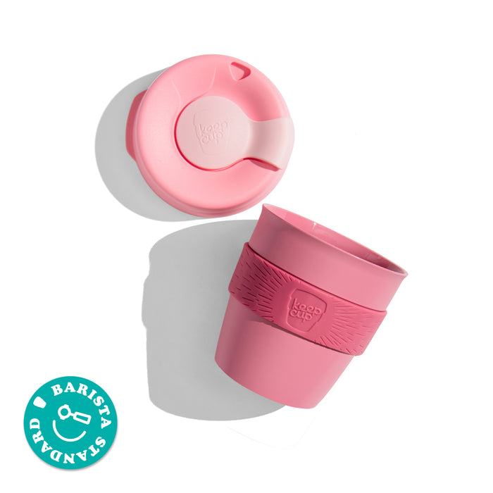 KeepCup Original S 8oz shown from above with the lid separated from the cup featuring a silicone band, displaying the Barista Standard certification logo.