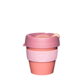 KeepCup Original S 8oz in Peaches, featuring a peach-coloured cup with light pink silicone band and dusty rose lid with peach-toned plug, shown against a white background.