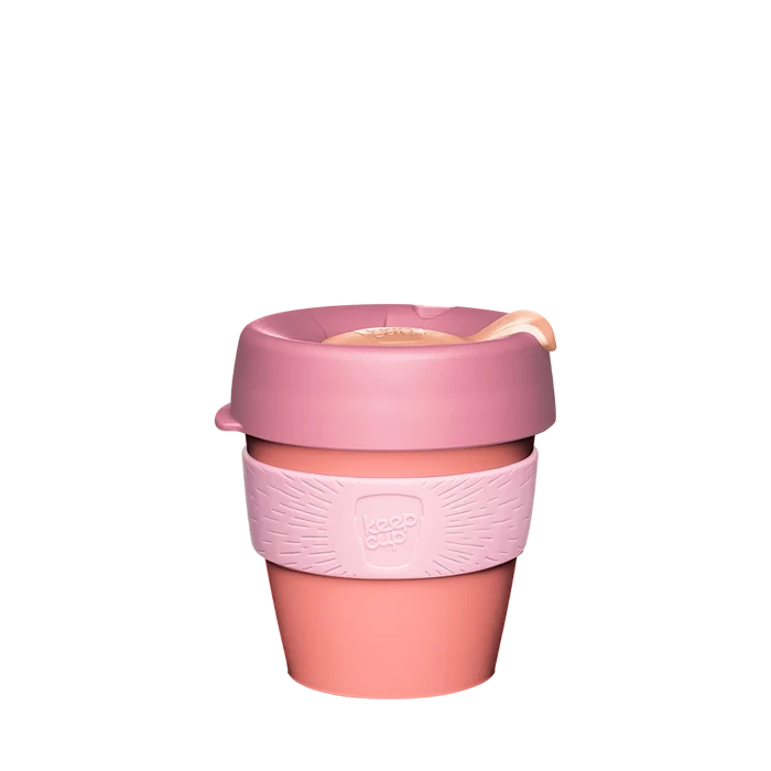KeepCup Original S 8oz in Peaches, featuring a peach-coloured cup with light pink silicone band and dusty rose lid with peach-toned plug, shown against a white background.