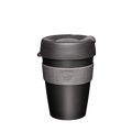 KeepCup Original M 12oz in Doppio colourway, featuring a black cup body with charcoal lid and grey silicone band displaying the KeepCup logo, shown against a plain white background.