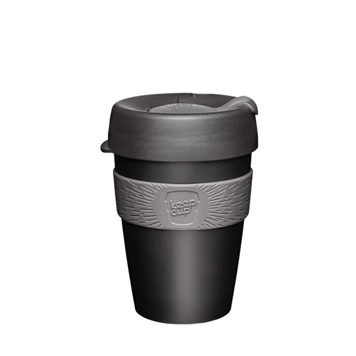 KeepCup Original M 12oz in Doppio colourway, featuring a black cup body with charcoal lid and grey silicone band displaying the KeepCup logo, shown against a plain white background.