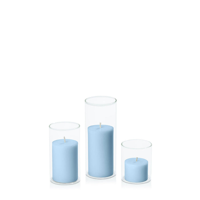 Pastel Blue 5cm Pillar in 5.8cm Glass, Sm - Set of 6