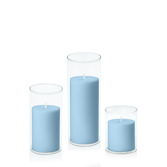Pastel Blue 7cm Pillar in 8cm Glass, Sm - Set of 6