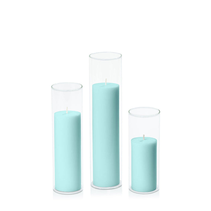Pastel Teal 5cm Pillar in 5.8cm Glass, Lg - Set of 6