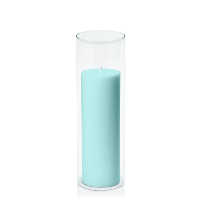 Pastel Teal 7cm x 20cm Pillar in 8cm x 25cm Glass Pack of 1
