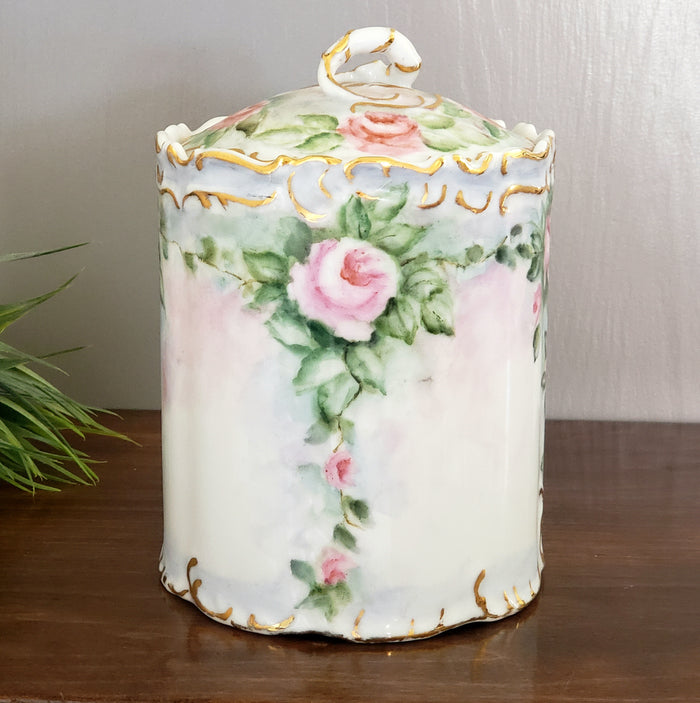 Porcelain Biscuit/Cracker Jar - Pink Roses w/ Green Foliage - Snake Like Body Finial