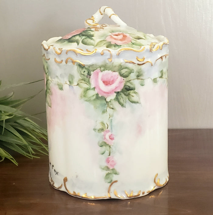 Porcelain Biscuit/Cracker Jar - Pink Roses w/ Green Foliage - Snake Like Body Finial
