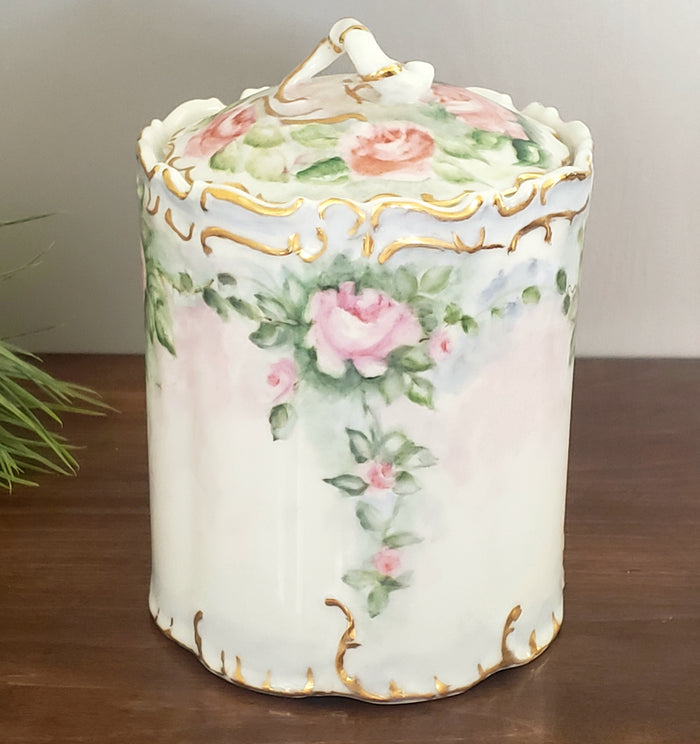Porcelain Biscuit/Cracker Jar - Pink Roses w/ Green Foliage - Snake Like Body Finial