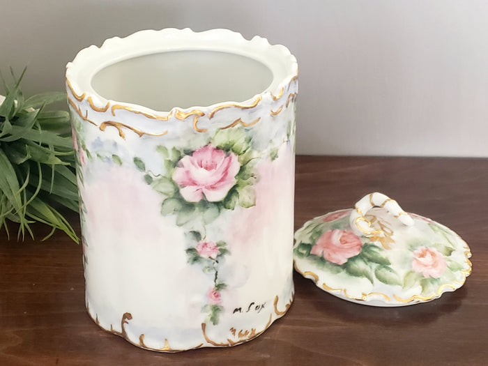 Porcelain Biscuit/Cracker Jar - Pink Roses w/ Green Foliage - Snake Like Body Finial