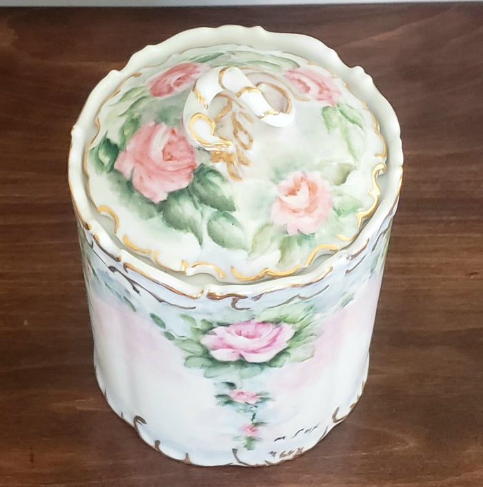 Porcelain Biscuit/Cracker Jar - Pink Roses w/ Green Foliage - Snake Like Body Finial