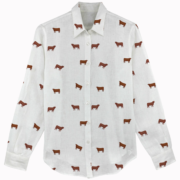 Red angus cattle icon pattern Women's Mock Linen Shirts for farmers - myfunfarm