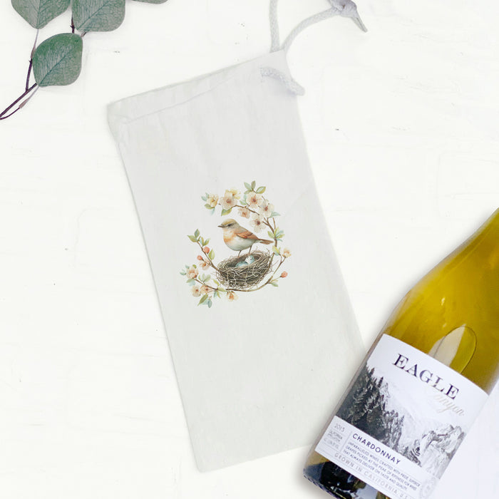 Robin in a Cherry Blossom - Spring Canvas Wine Bag