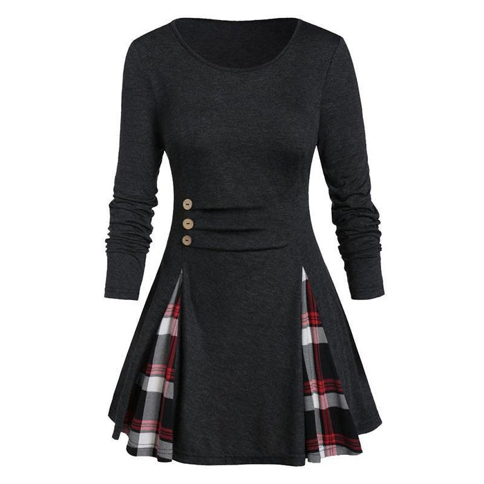 Round Neck Long Sleeve Plaid Big Buckle
