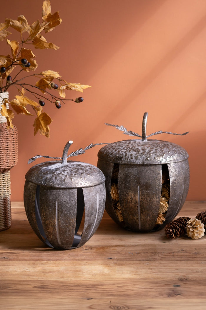 Set of 2 Rustic Metal Acorn Containers