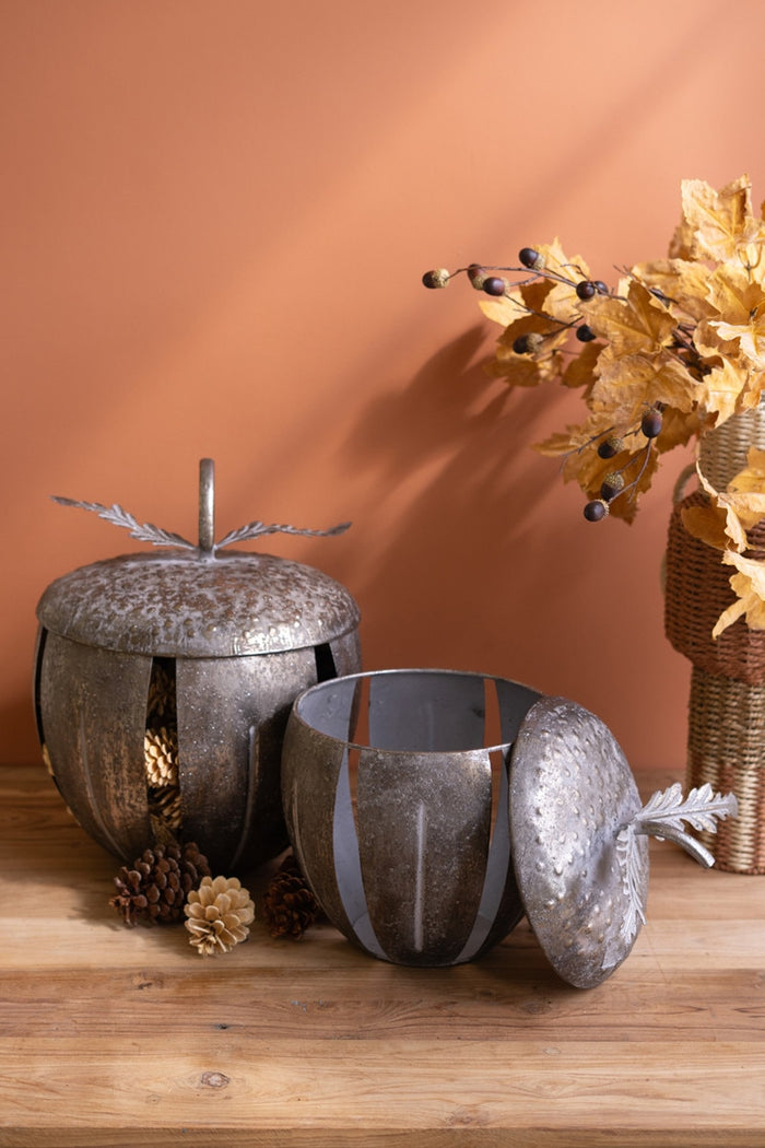 Set of 2 Rustic Metal Acorn Containers