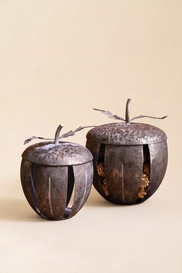 Set of 2 Rustic Metal Acorn Containers