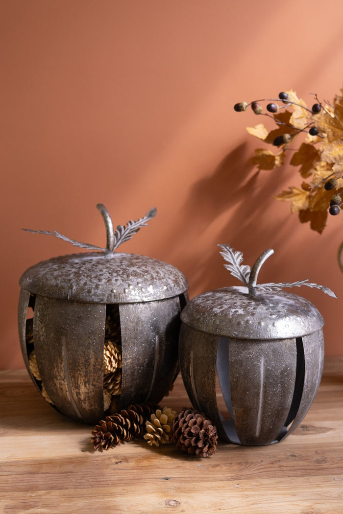 Set of 2 Rustic Metal Acorn Containers