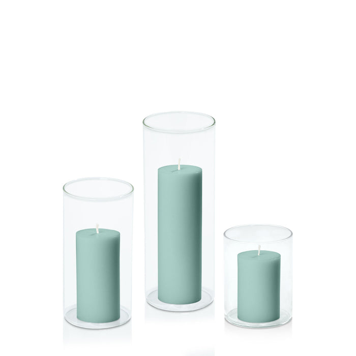 Sage Green 5cm Pillar in 8cm Glass, Sm - Set of 6