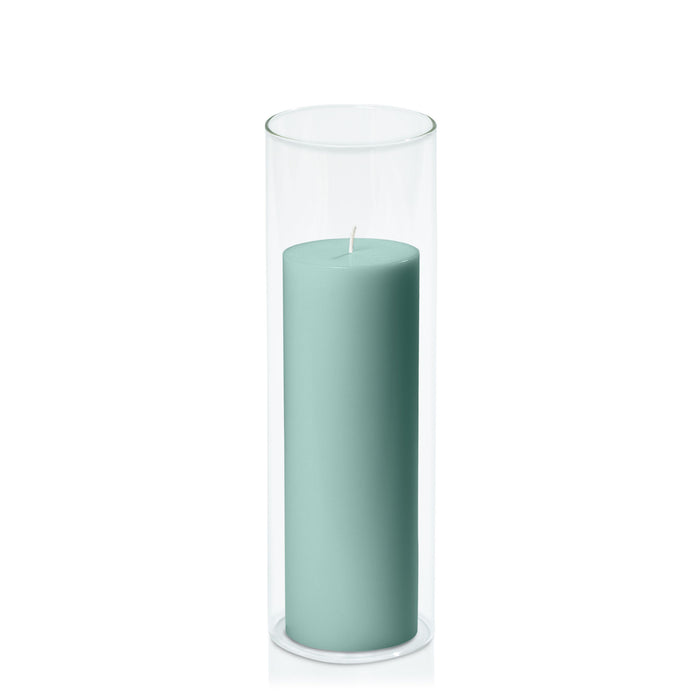 Sage Green 7cm x 20cm Pillar in 8cm x 25cm Glass Pack of 1