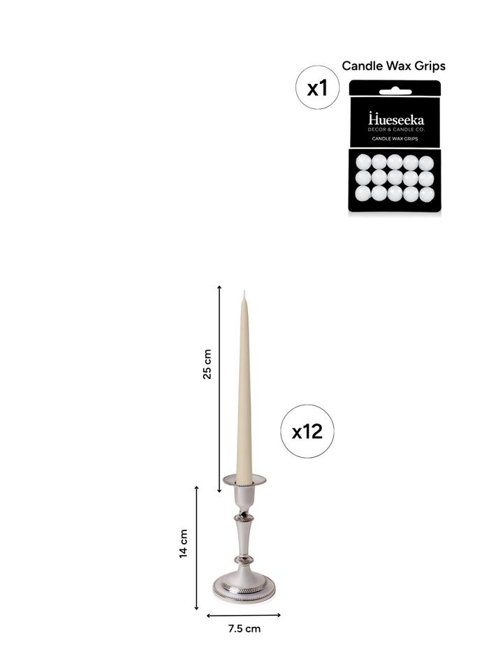 Sandstone 25cm Taper Candles with Medium Antique Silver Eloise Candle Holders - Set of 12 Pack of 12