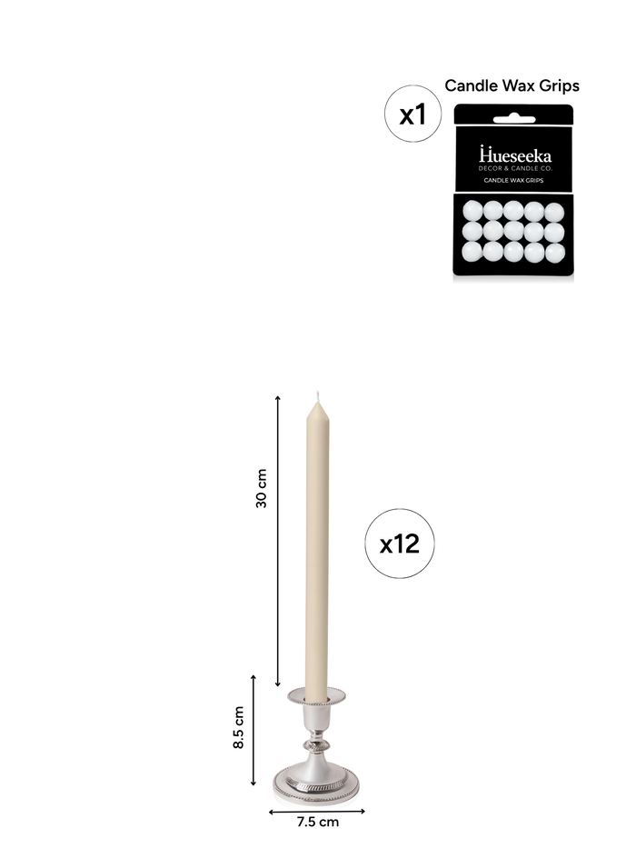 Sandstone 30cm Dinner Candles with Small Antique Silver Eloise Candle Holders - Set of 12 Pack of 12
