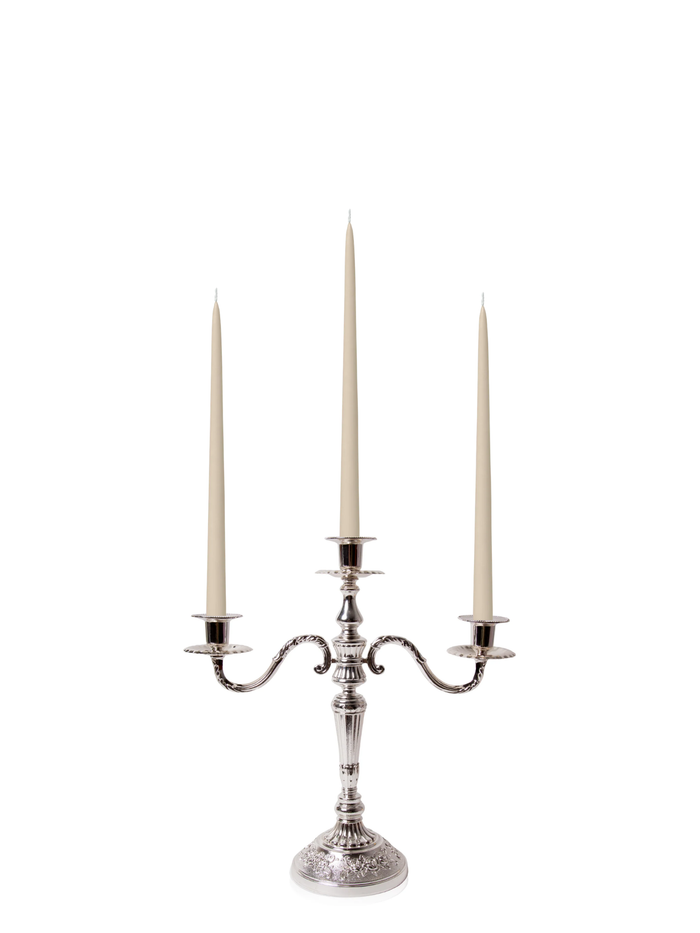 Sandstone 35cm Taper Candles with Antique Silver Penelope 3-Arm Candelabra - Set of 4