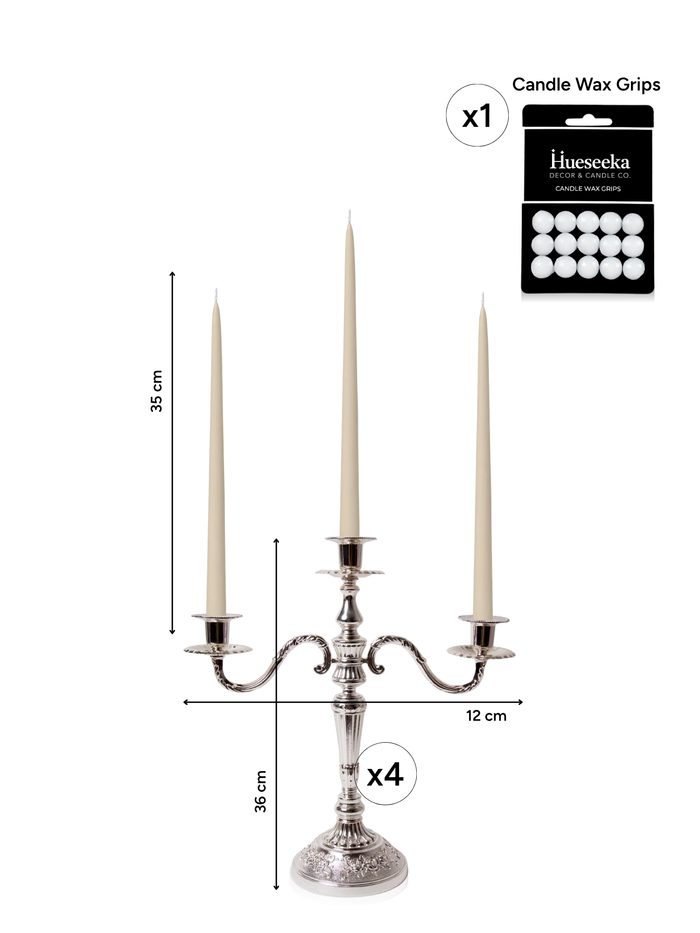 Sandstone 35cm Taper Candles with Antique Silver Penelope 3-Arm Candelabra - Set of 4