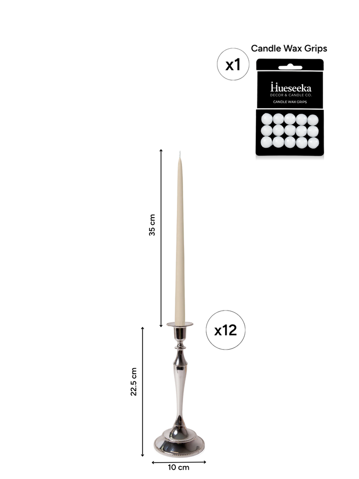 Sandstone 35cm Taper Candles with Medium Antique Silver Juliette Candle Holders - Set of 12 Pack of 12
